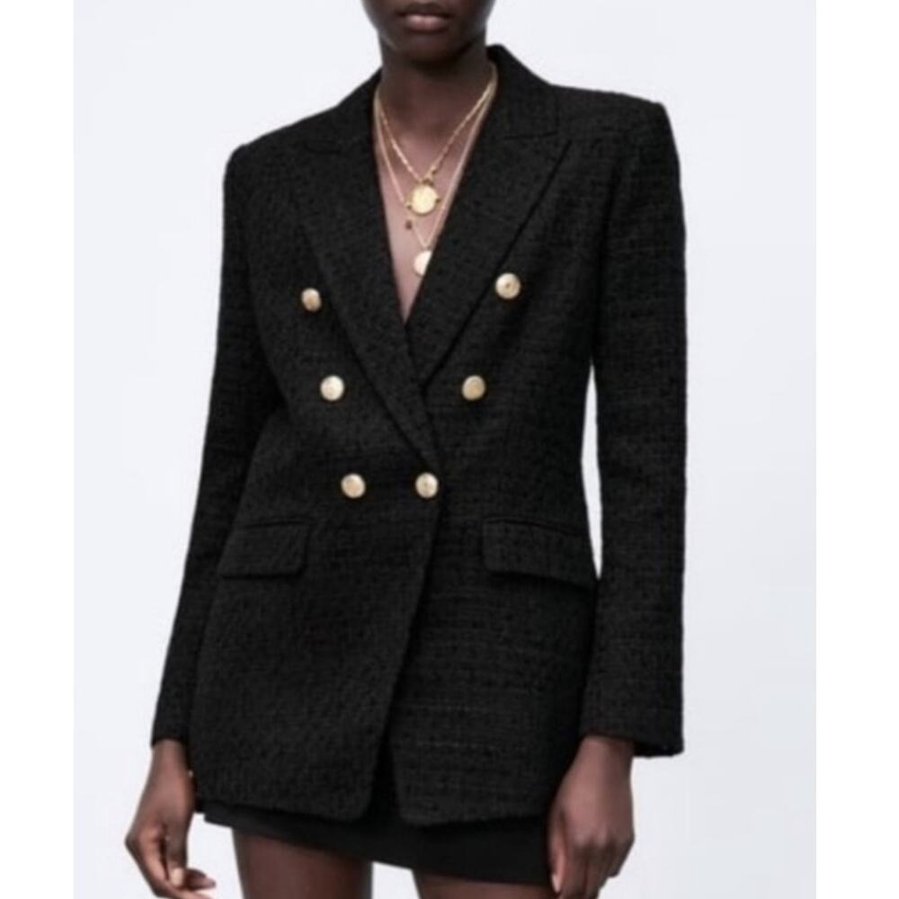 Zara Double Breasted Tweed Black Blazer with Gold Buttons Size Medium